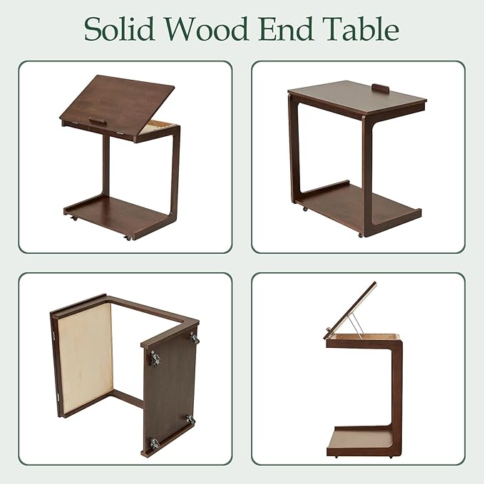 C Shaped Rolling End Table with Wheels - Solid Wood Side Table for Couch, Wooden Modern Tv Tray Bedside Tables for Sofa Armchair Living Room Bedroom, Brown, 15.4 in x 23.6 in x 24.8 in