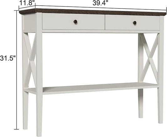 ChooChoo Farmhouse Console Table with Drawers, Narrow Wood Accent Sofa Table Entryway Table with Storage Shelf for Entryway, Front Hall, Hallway, Living Room, Antique White & Brown