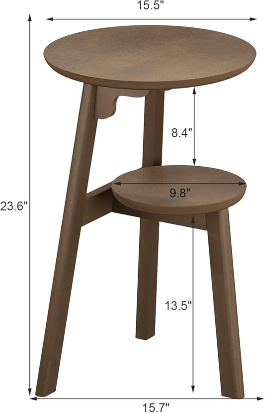 ChooChoo Round End Table for Small Spaces, Narrow Side Table, Accent Table Night Stand with 2 Tier Shelf for Bedroom and Living Room, Walnut