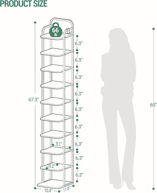 10 Tiers Vertical Shoe Rack, Narrow Shoe Tower, Tall Shoes Shelf with 2 Hooks, Adjustable Shelves, Corner Shoes Shelves for Small Spaces, Entryway, Living Room, Rustic Brown SR11201B