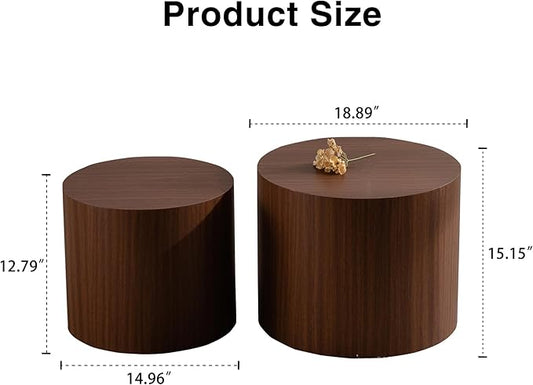 Nesting Round Coffee Table Set of 2, Small Circle Accent End Table for Small Spaces, Morden Drum Side Table, Wooden Center Table for Living Room, Fully Assembled - Dark Walnut