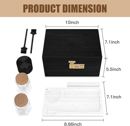 Large bamboo box, locked storage decorative box with combination lock, wooden lock box with lid, wooden locked storage box with removable tray and jars(Black&White)