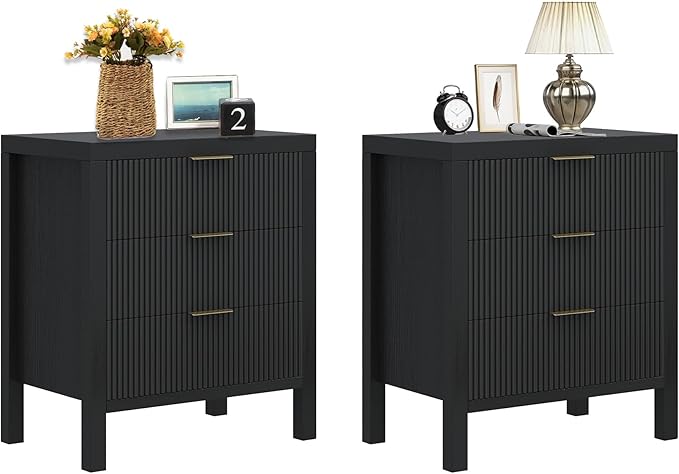 End Table with Storage, Wooden Farmhouse Nightstands with 3 Drawers, Bedside Table - Boho Tall Side Table Accent for Bedroom, Living Room, Black