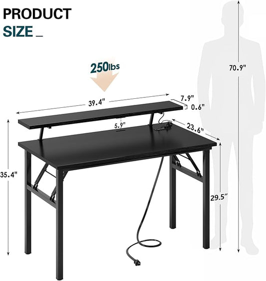 DlandHome Computer Desk 39’’ with LED Lights & Power Outlets,Folding Desk with Monitor Stand, Writing Desk Home Office Desk, Fully Assembled,Black