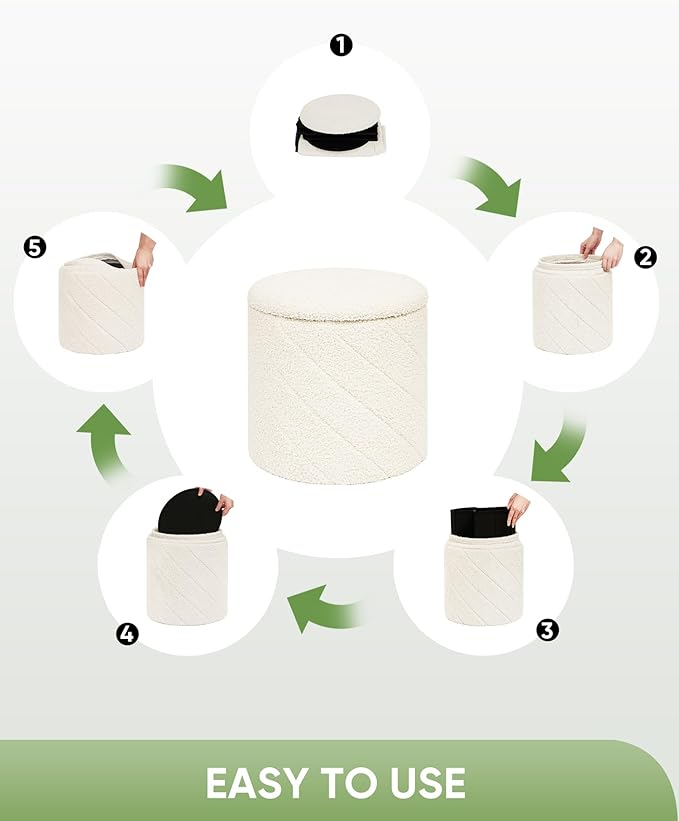 B FSOBEIIALEO Ottoman with Stroage, Boucle Round Storage Ottoman with Tray, Foot Rest Stool for Dorm Room, Living Room White, 12.99"x12.99"x13.78"