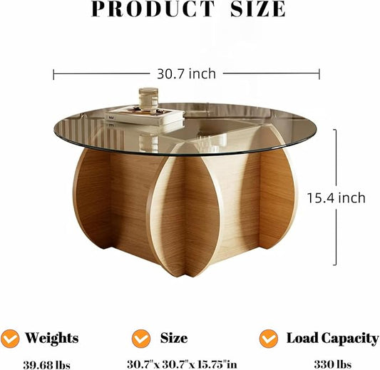 Honyee Round Glass Coffee Table, 30.7" Small Coffee Table with Tempered Glass Top and Wood Grain Base, Modern Circle Coffee Table for Living Room, Easy Assembly, Natural