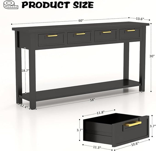 Console Table for Entryway with 4 Drawers, 60 Inch Long Foyer Table w/Open Storage Shelves and Handmade Metal Handle, Narrow Sofa Table for Living Room, Hallway, Black