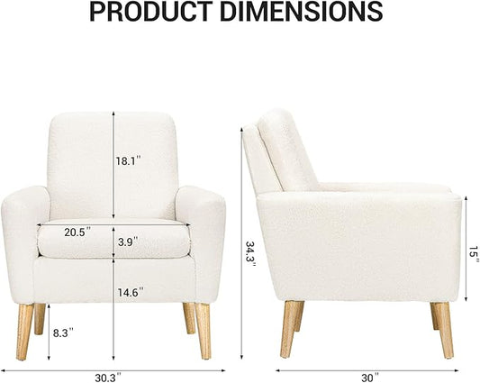 Lohoms Sherpa Accent Chair, Modern White Teddy Fabric Upholstered Comfortable Armchair, Comfy Reading Leisure Chairs for Bedroom, Living Room, Home Office, Small Sofa Chair with Wood Legs