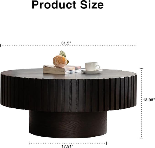 31.5" Round Drum Coffee Table, Modern Handcraft Fluted Drum Center Table, Wooden Round Coffee Table Center Table with Sturdy Pedestal for Living Room Apartment (Walnut+Black)