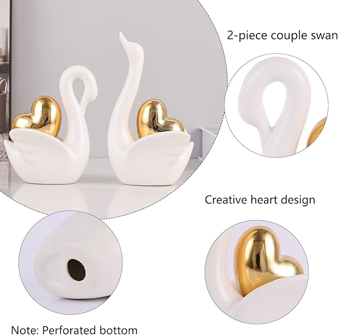 Loving Swan Figurine with Gold Heart Statue, Ceramic Animal Regalos Para Parejas, Cute Figurines Pottery Gifts for Anniversary, Couple Swan Sculpture for Women Dresser Knick Knacks Shelves Show Pieces
