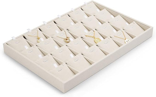 24 Grids Linen Necklace Tray Jewelry Display Tray Necklace Holder Organizer for Drawers With Removable Jewelery Cards Pendant Bracelet Storage (Beige)