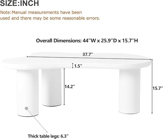 GDFStudio 44'' Cloud-Shaped Coffee Table,Minimalist Center Table with 3 Sturdy Legs & 1.5'' Thick Top,Easy Assembly Round Edge Irregular End Table for Living Room, Bedroom,or Patio,White
