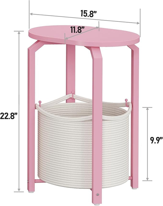 TUTOTAK Small Side Table, Oval End Table, Night Stand, Bedside Table, Sofa Table with Storage Basket, Living Room, Bed Room, Pink TB01BP093