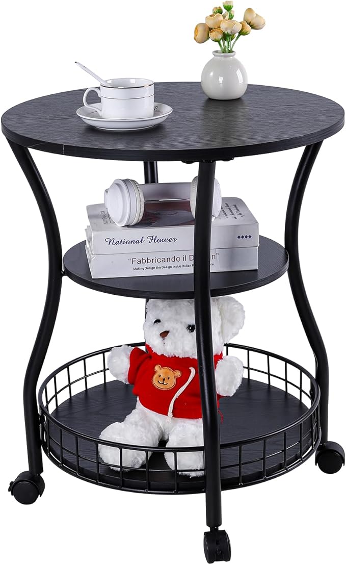 Round Side Table, 3-Tier Accent End Table with Storage Shelf, Corner Sofa Beside Table for Small Spaces,Nightstand with Metal Frame for Living Room, Bedroom (Black)