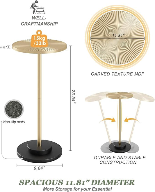 Round Side Table, Small Drink Table for Small Spaces, Modern Accent End Table with Metal Leg for Living Room, Bedroom, Corners, and Office (Gold)