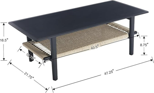 Farmhouse Coffee Table with Rattan Storage Boho Mid Centry Modern Center Table with Under Shelf Wood Living Room Table with Woven Shelf Underneath for Living Room Lounge, Black