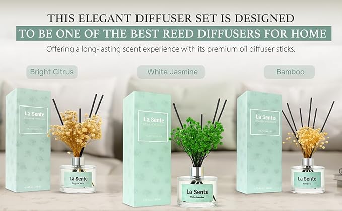 Reed Diffuser Set, Glass Bottle with Black Rattan Sticks, Dried White Flowers, 6.7fl oz, 200ml (Gardenia)