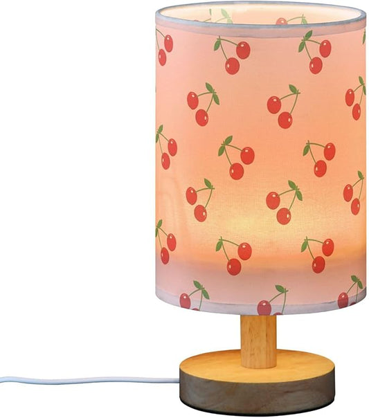 Table Lamp Pretty Cherry Pattern on Pink Nightstand Lamp with Wood Base Fabric Lamp Shade Bedside Desk Lamp for Living Room Bedroom Kids Room Office