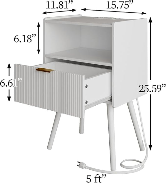 Nightstand,Modern Bedside Table with Storage Drawer and Open Wood Shelf, Accent Night Stand with Solid Wood Legs for Living Room, Bedroom and Small Spaces,Easy Assembly (White-Outlet)