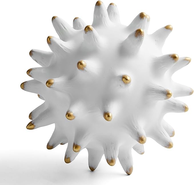 8” White Decorative Balls Sphere Statue for Modern Home Accent Decor Coffee Table Bookshelf Beach Office Living Room, Sea Urchin Spike Ball Decoration, Abstract Sculpture Centerpiece (Resin/Gold Tips)