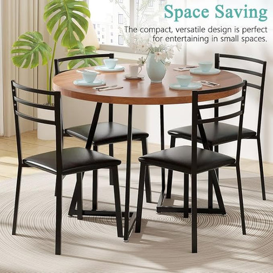 VECELO 35” Round Dining Table Set with 4 Cushioned Padded Chairs for Kitchen, Breakfast Nook, or Living Room, Wood-Grain Tabletop & Heavy-Duty Steel Frame, Easy Assembly, Walnut