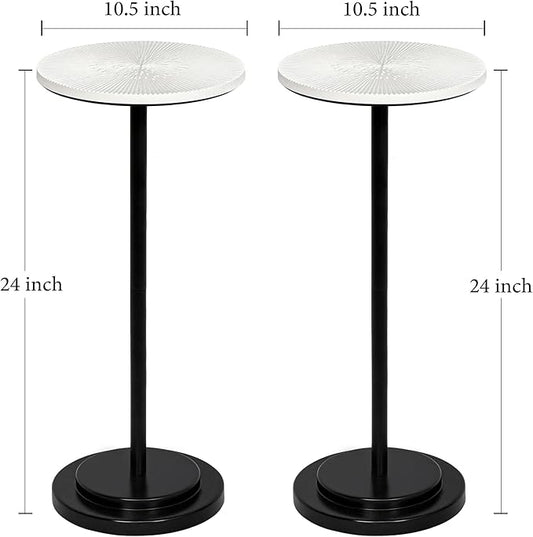 Drink Table Set of 2, Weighted Base Pedestal Table, Martini Table,Small Side Table with Wooden Carved Table Top for Living Room, Bedroom, Modern, White and Black