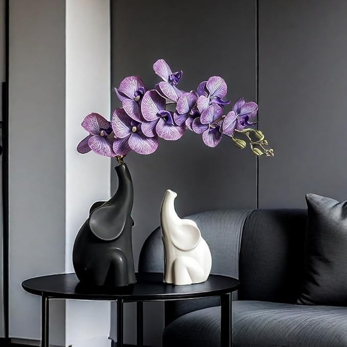 Loving Pair of Elephants,with Flower,Modern Ceramic Decor Statue,Good Luck Elephant,for Bookshelf Living Room Office Table Shelf Decorations.Gifts for Lover, Wife, Mother. (Black white purple)