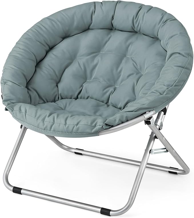 Athena Collection Comfy Saucer Chair Folding Cozy Chair for Bed Room Living Room Accent Chair Fabric Reading Chair Foldable Metal Frame Lazy Chair Moon Chair for Adult, Teal - Silver Stand