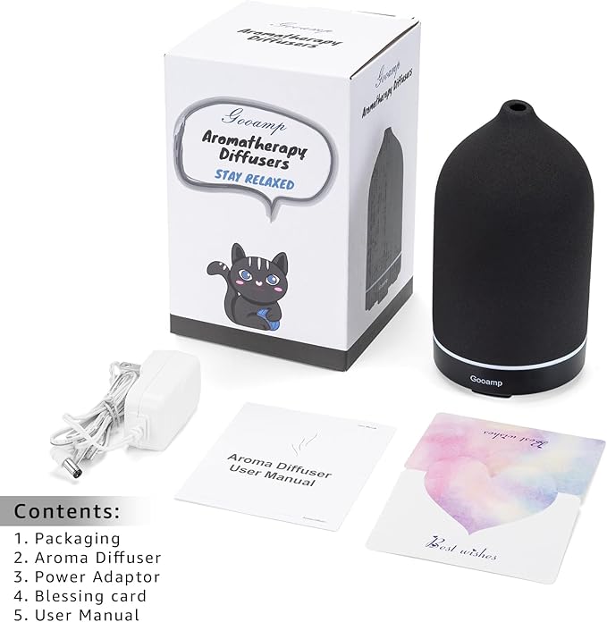 200ML Ceramic Essential Oil Diffuser - Ultrasonic Aromatherapy & Humidifier with 7-Color LED Lights, Auto Shut-Off, Black, 1H/3H/6H Timer | Scent for Home, Office, Yoga