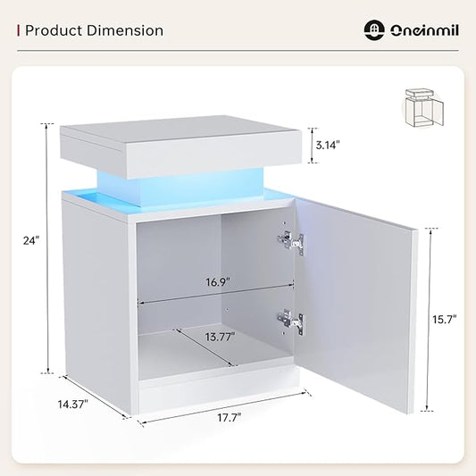 oneinmil LED Nightstands Set of 2, Night Stand with Storage Cabinet for Bedroom, Bedside Table with LED Lights, Modern End Side Table, White