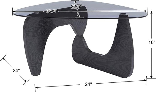 Small Glass Coffee Table, 32.5" Black Triangle Center Table with Wood Base Abstract Contemporary Coffee Table for Living Room Office Patio, Grey