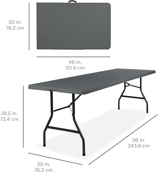 Best Choice Products 8ft Plastic Folding Table, Indoor Outdoor Heavy Duty Portable w/Handle, Lock for Picnic, Party, Pong, Camping - Dark Gray
