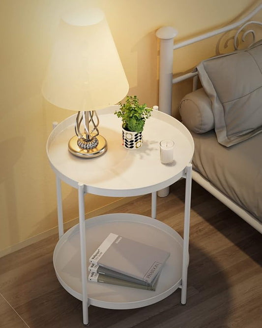 EKNITEY 2 Tier End Table - Metal Side Table Waterproof Small Sofa Coffee Side Tables Bedroom Indoor Outdoor with Removable Tray for Living Room Bedroom Balcony and Office (White)