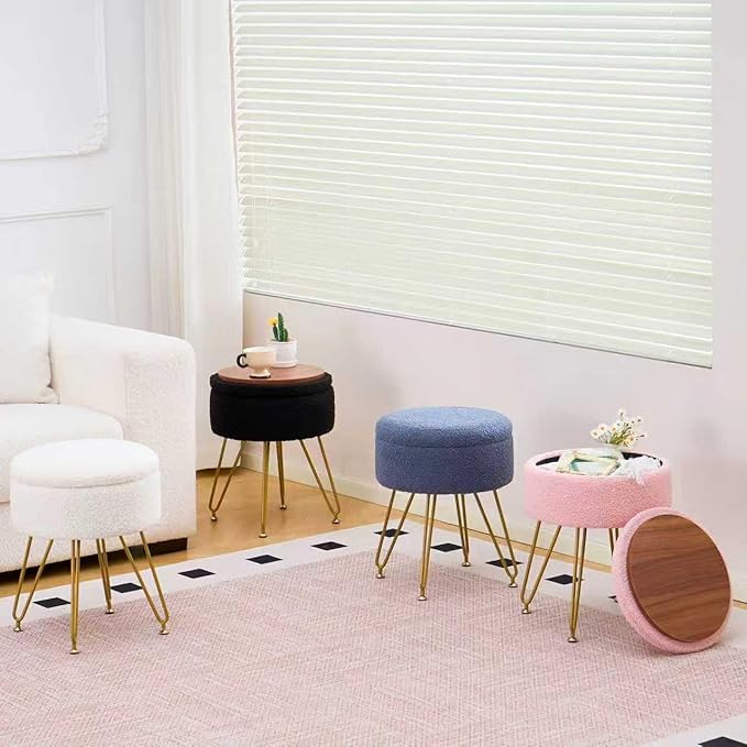 Wimarsbon Storage Ottoman,Teddy Velvet Vanity Stool,Soft Padded Seat,Round Footrest with Removable Cover and Adjustable Legs,Modern Decorative Accent Footstool or End Table for Hallway (Black)