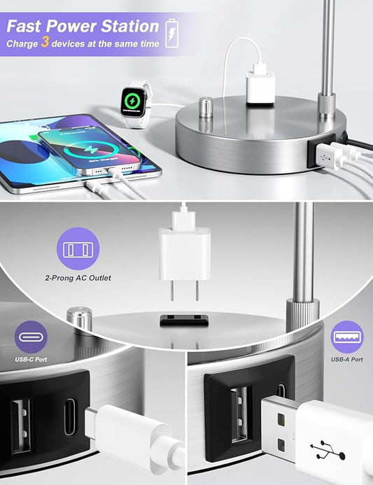 Gray Side Table Lamp with USB Port and Outlet, Dimmable Nightstand Bedside Lamps with Linen Lampshade, Desk Lamp for Bedroom, Living Room, Guest Room, Home Office, LED Bulb Included