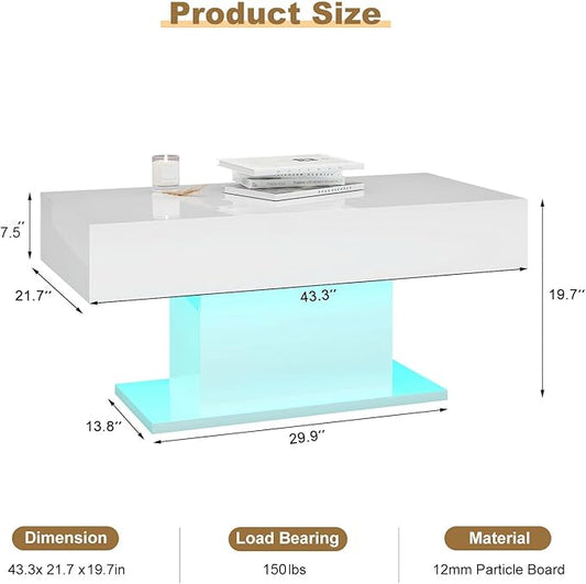 Led Coffee Table for Living Room, Living Room Table Rectangular Center Table, Modern High Glossy Wooden Coffee Tables with 16 Colors LED Lights for Dining Reception Room, White