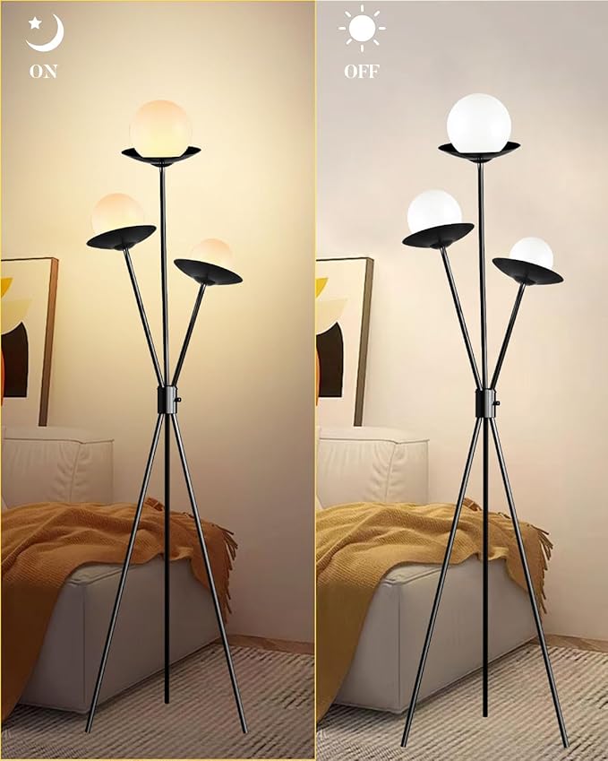 Lightdot Tripod Floor Lamp Dimmable Globe Floor Lamps with 3 LED Bulbs, 3000K Soft Warmwhite Mid Century Modern Standing Lamps Black Tall Lamp for Living Room Bedroom