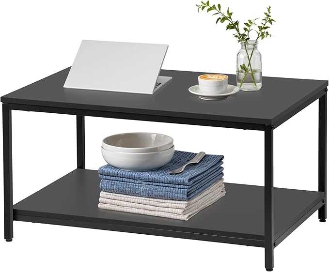 ZenStyle Industrial Coffee Table with Storage Shelf for Living Room, Wood Look Accent Furniture with Vintage Wooden Board Stable Metal Frame Cocktail Table 2-Tier Tea Table