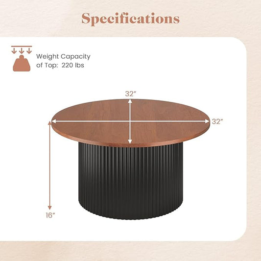 Giantex Round Coffee Table, 32" Wooden Accent Cocktail Tea Table with Solid Wood Veneered & Fluted Design, Mid Century Modern Center Table for Living Room, Black & Walnut