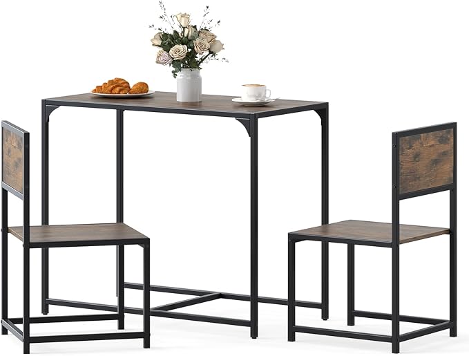 COSTWAY Small Dining Table for 2, Industrial Table and Chairs Set w/Metal Frame, Wood Grain Surface, 3-Piece Dinette Set, Space-Saving Kitchen Table Set for Small Place, Apartment, Home (Rustic Brown)