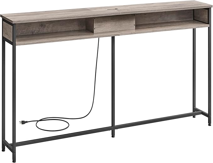 VASAGLE 55.1-Inch Console Table with Outlet and Shelves, Sofa Table with Charging Station, Behind Couch Table Skinny, Entryway Table for Hallway, Living Room, Heather Greige and Ink Black ULNT120K02