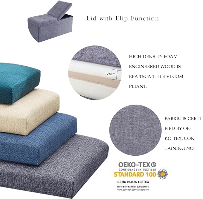 CUYOCA Storage Ottoman Bench Foldable Seat Footrest Shoe Bench End of Bed Storage with Flipping Lid, 75L Storage Space, 30 inches Linen Fabric Brown