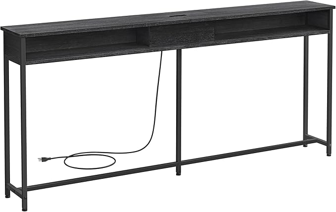 VASAGLE 70.9-Inch Console Table with Outlet and Shelves, Sofa Table with Charging Station, Behind Couch Table Skinny, Entryway Table for Hallway, Living Room, Charcoal Gray and Ink Black ULNT118B22