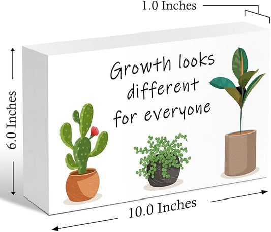 LVQHI Inspirational Wood Block Sign,Growth Looks Different for Everyone Plant Motivational Wooden Block Sign for Home Bedroom Office Desk Table Decor,Inspirational Gift for Coworker Friend 10x6 IN