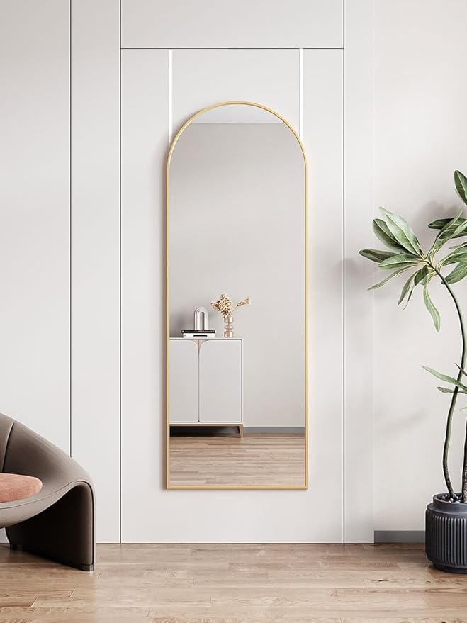 16" x 50" Adjustable Height Over The Door Mirror, Full Length Hanging Door Mirror with Shatterproof Tempered Glass Aluminum Alloy Frame for Bedroom, Living Room, Bathroom, Dorm, Gold