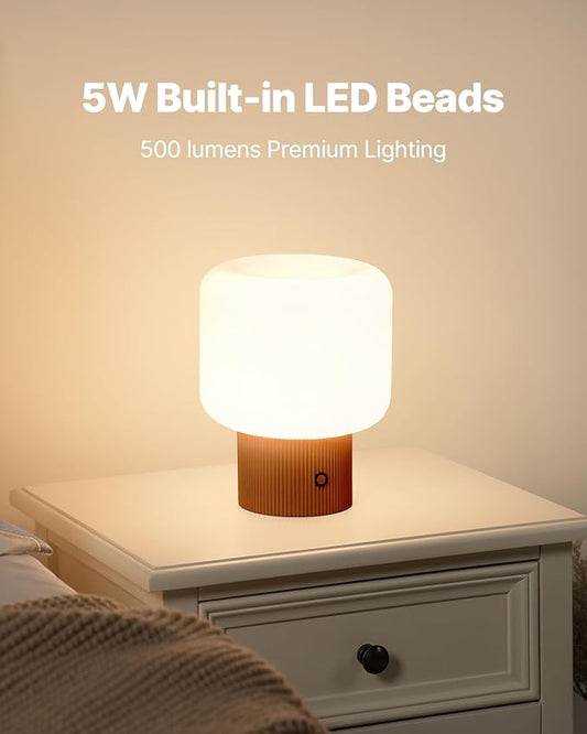 Halo Mushroom Lamp, 5W Cute Cordless Rechargeable Table Lamp with Glass Shade, 3-Color Dimmable Small Retro Touch Bedside Lamp for Bedroom Ambient Decor (Orange)