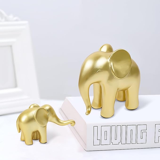 Elephant Figurines Gold Home Decor-Mom and Baby Elephant Statues,House Decorations Living Room,Modern Style Sculptures for Table Bookshelf Office Desktop TV Stand Decor,Gift for Women