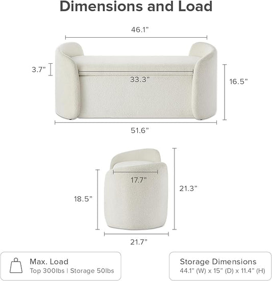 mopio Sophie 51" Ottoman Storage Bench, Entryway and Window Seating, End of Bed Curved Stool for King & Queen Bed, Storage Chest for Bedroom (Pearl White Boucle)