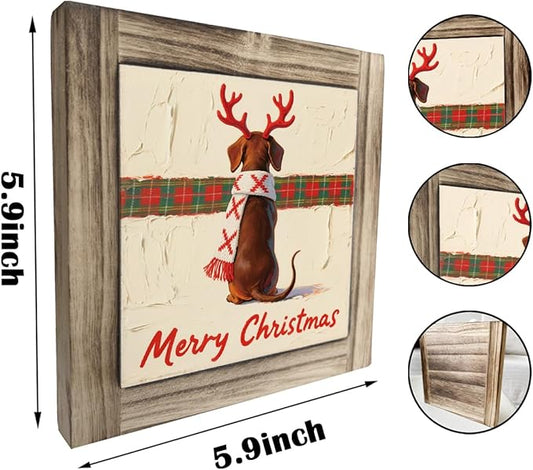 Dog Christmas Decor, Christmas Wood Sign, Wood Plaques Desk Decoration, Farmhouse Decor for Shelves Tablet Top, Xmas Holiday Home Decors, Xmas Party Decoration Ornament