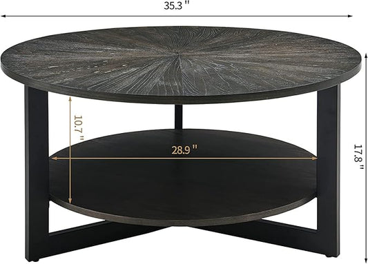 Round Coffee Table with Storage Shelf, 33.5in Circle Accent Center Table with Black Metal Legs, 2-Tier Industrial Cocktail Table for Living Room, Black-1338BK